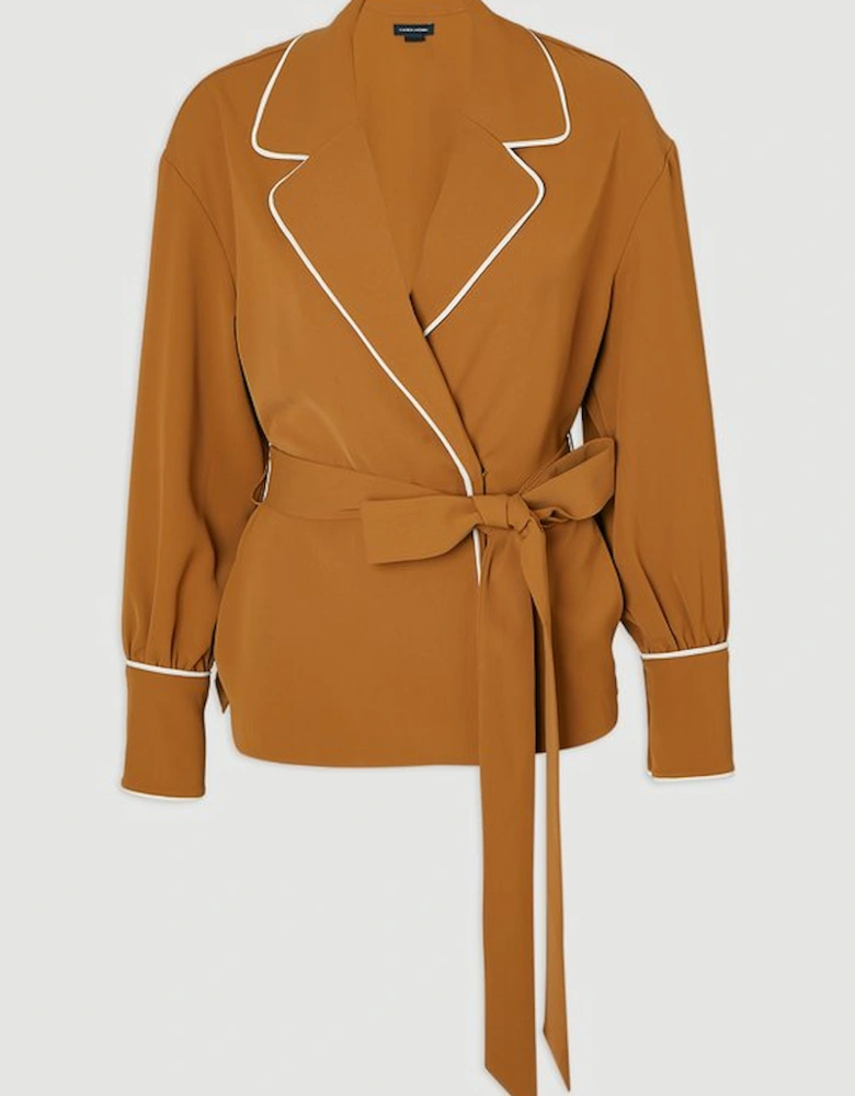 Contrast Tipping Tie Waist Woven Trench Jacket