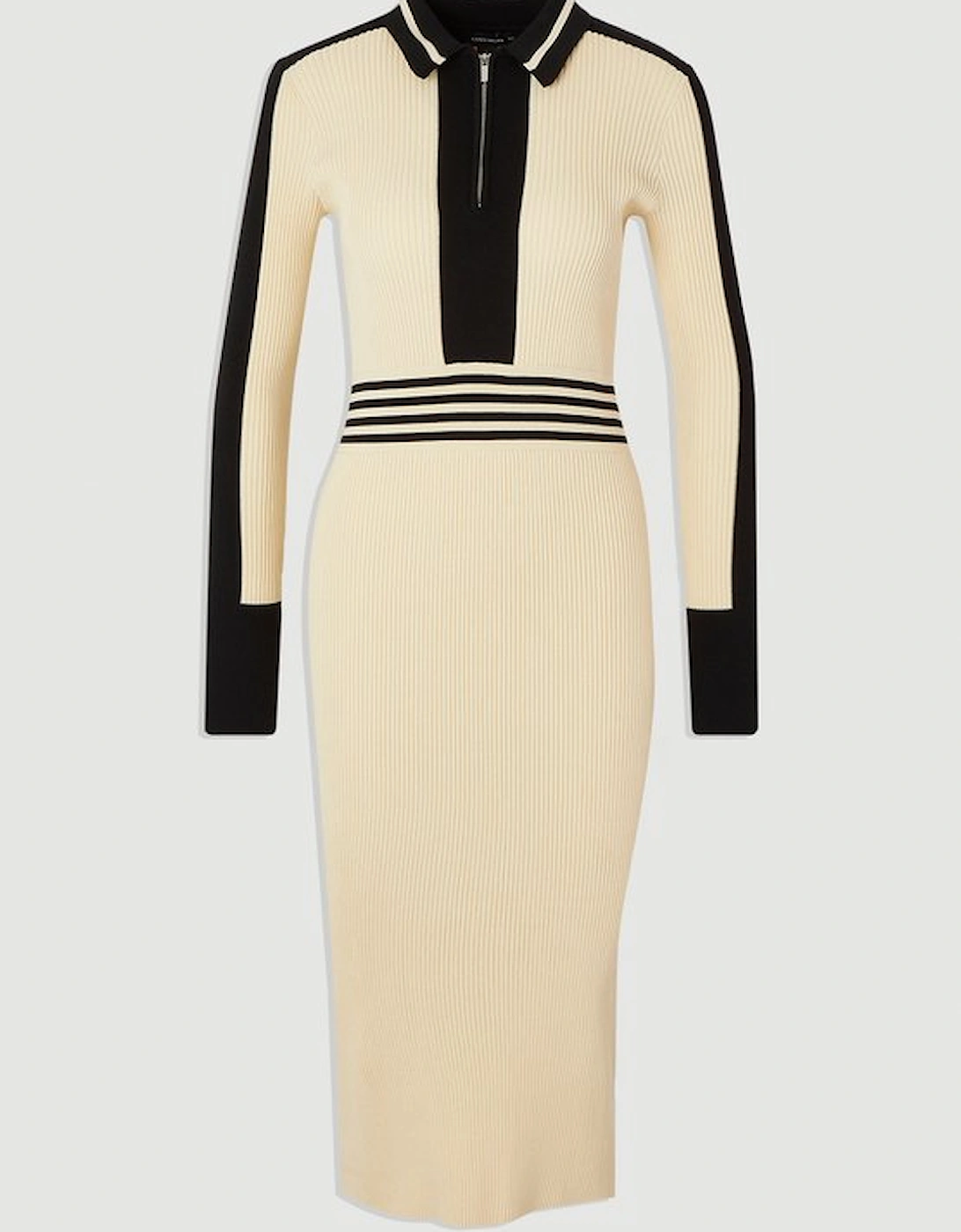 Rib Knit Polo Zip Up Midi Dress