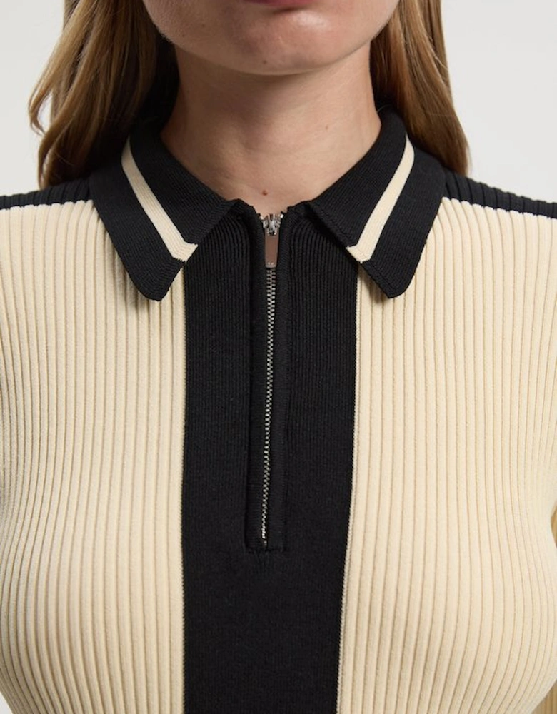 Rib Knit Polo Zip Up Midi Dress