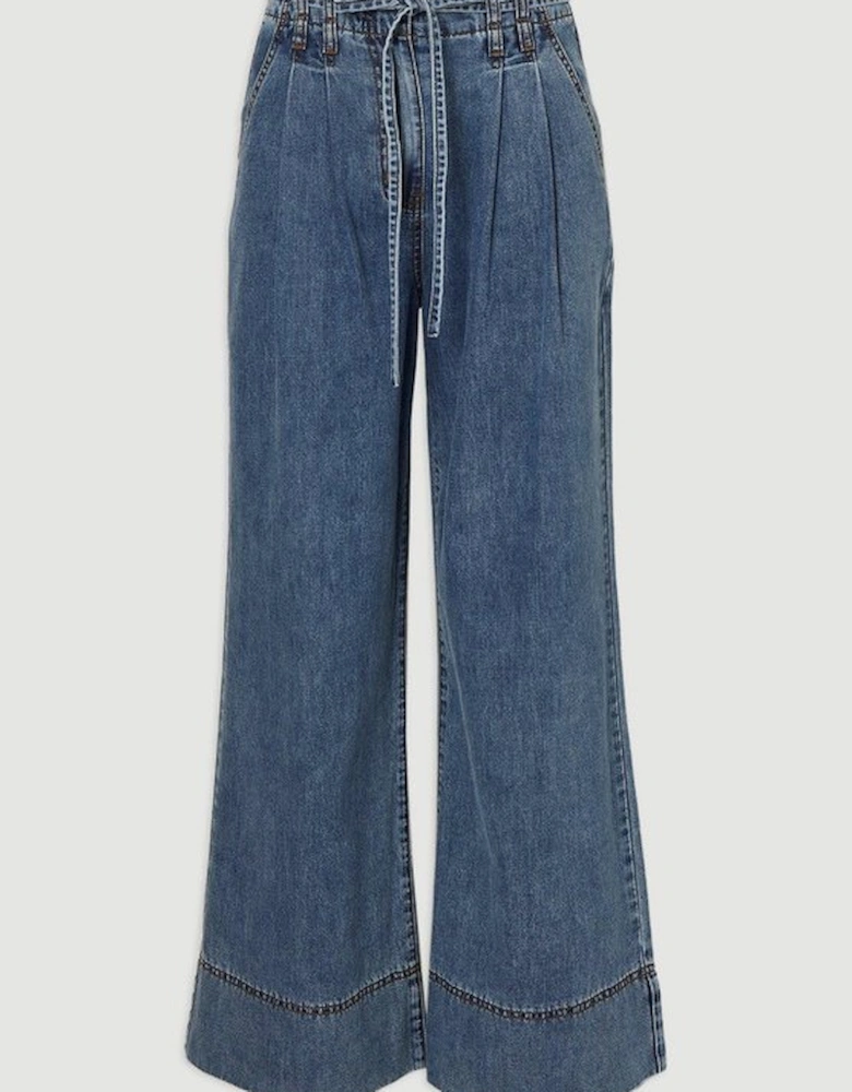 Denim Tie Waist Wide Leg Tailored Trouser