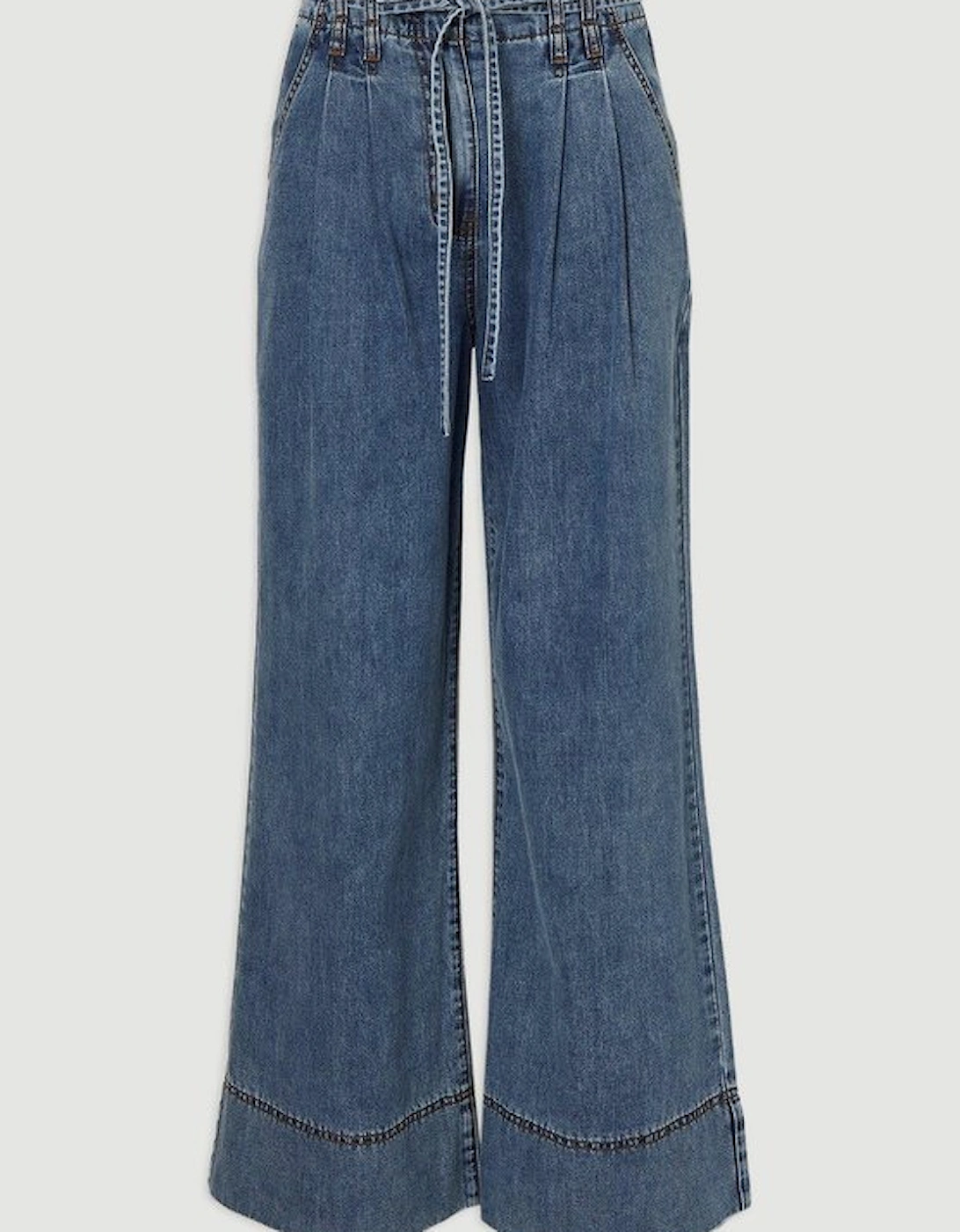 Denim Tie Waist Wide Leg Tailored Trouser