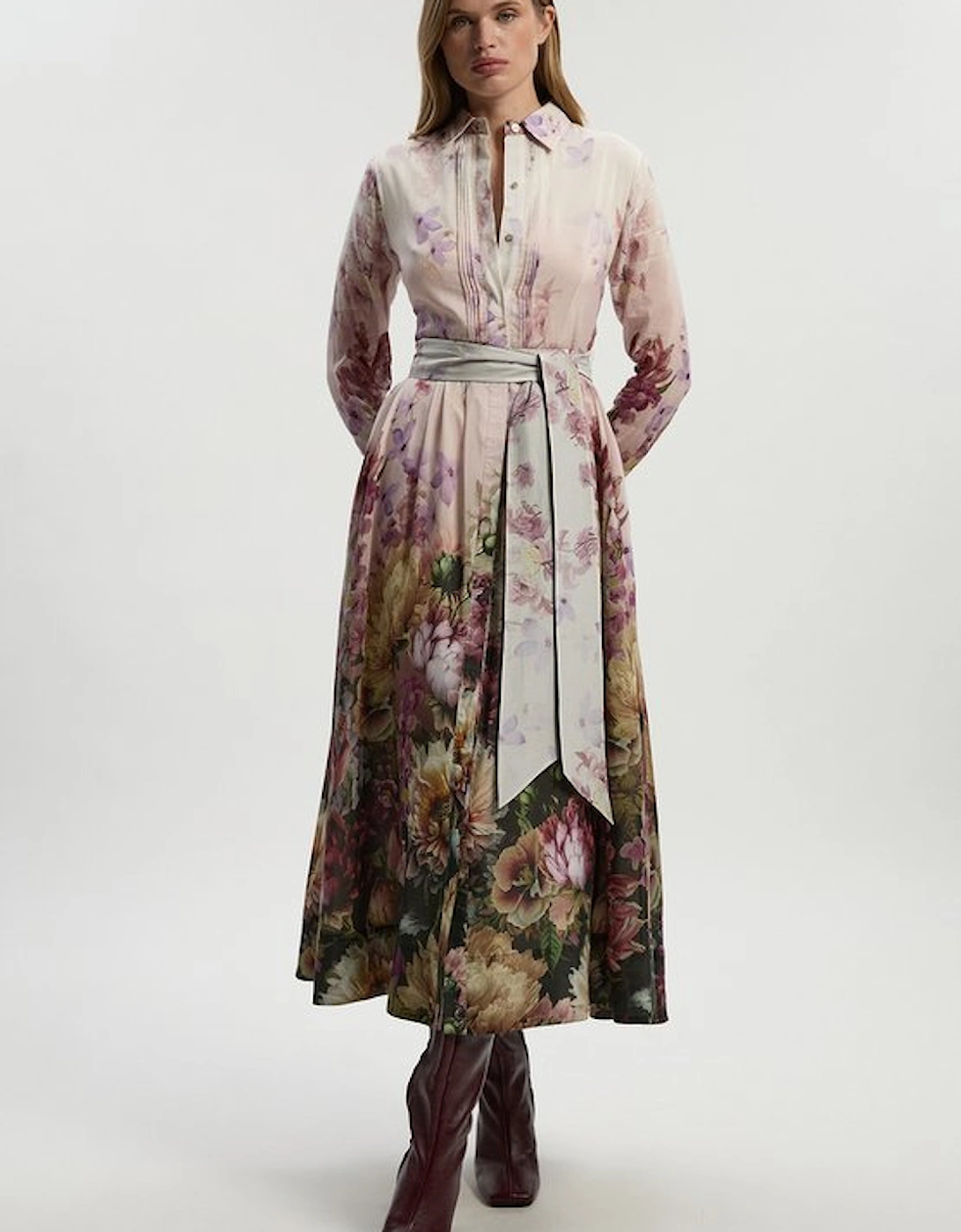 Floral Print Silk Cotton Long Sleeve Woven Maxi Dress
