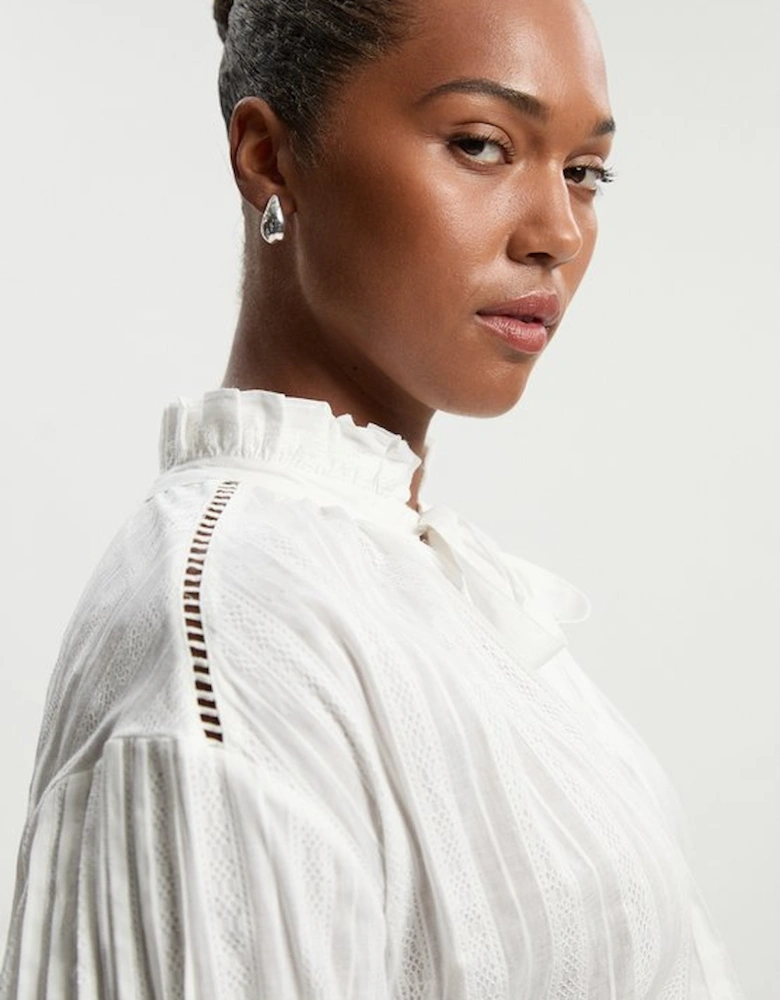 Plus Size Cotton With Lace Trim Insert High Neck Puff Sleeve Blouse