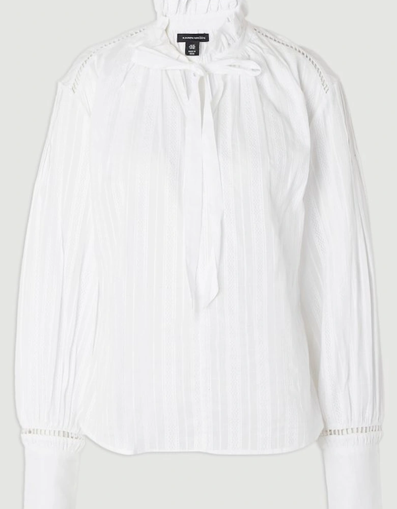 Plus Size Cotton With Lace Trim Insert High Neck Puff Sleeve Blouse