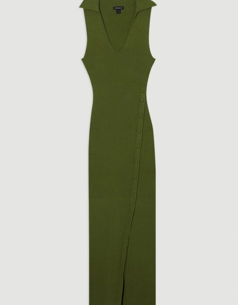 Rib Knit Collared Dress With Button Detail