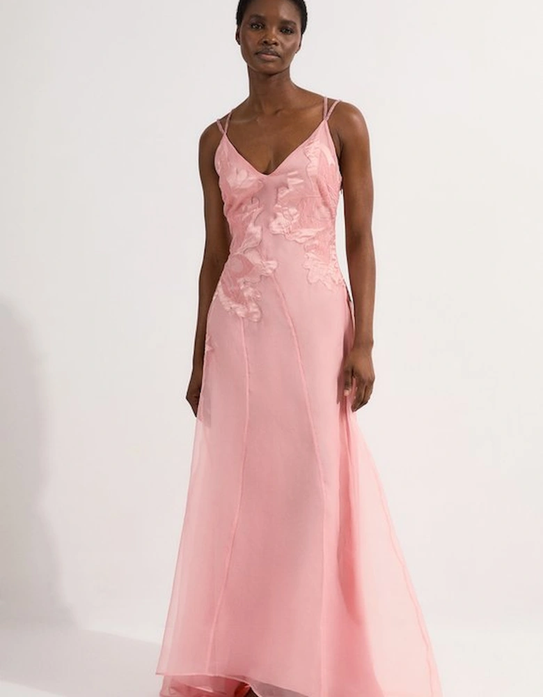 Satin Applique Woven Maxi Dress