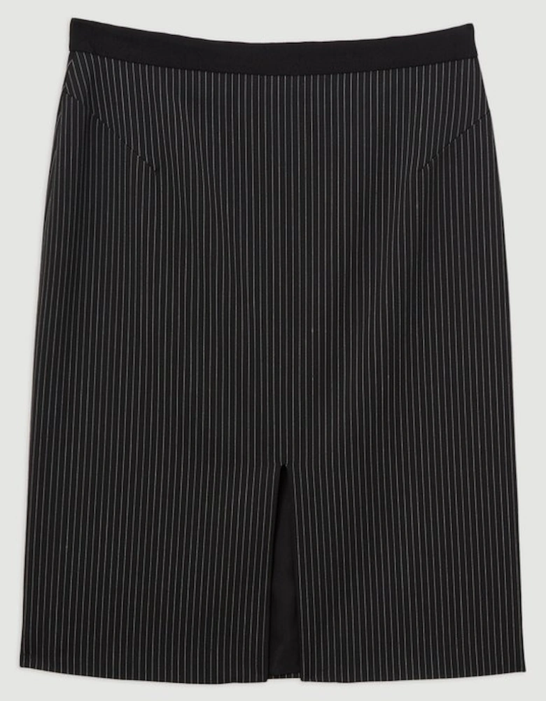 Pinstripe Tailored Grosgrain Detail Midi Skirt