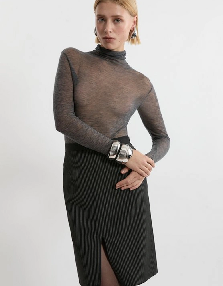 Pinstripe Tailored Grosgrain Detail Midi Skirt
