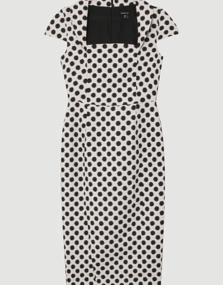 Spot Jacquard Square Neck Tailored Pencil Midi Dress
