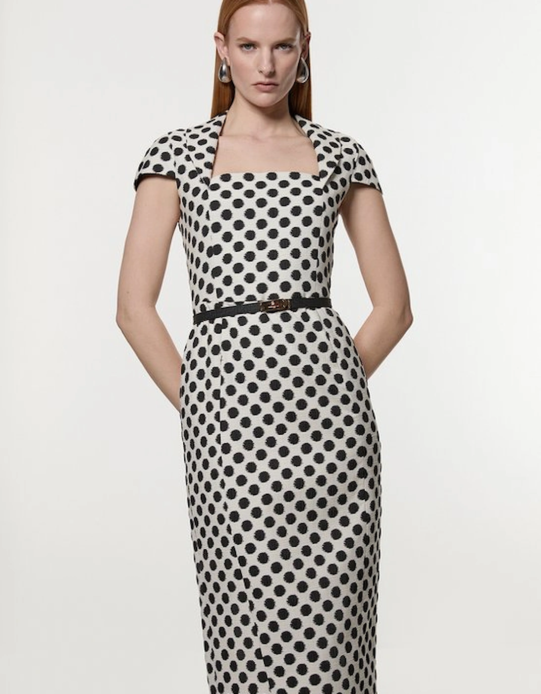 Spot Jacquard Square Neck Tailored Pencil Midi Dress, 5 of 4