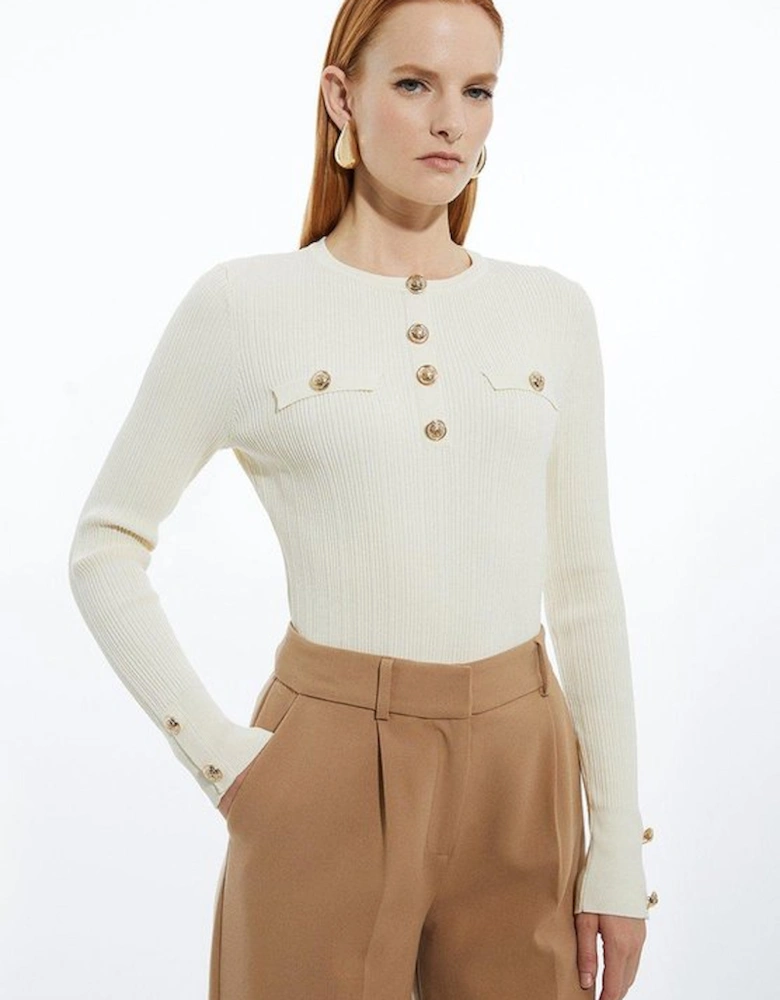 Military Trim Rib Long Sleeve Knit Top