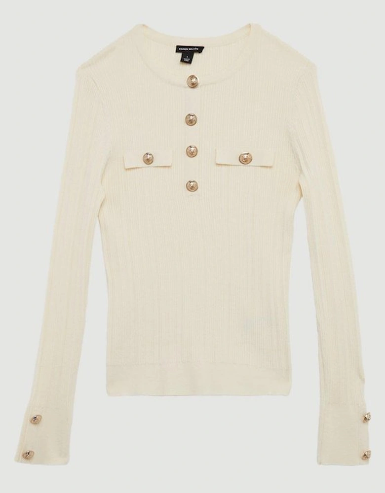 Military Trim Rib Long Sleeve Knit Top