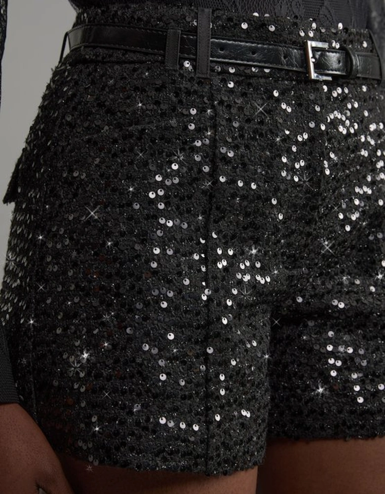 Sequin Tweed Tailored Shorts