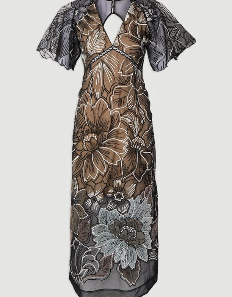 Hand Embroidered And Sequin Organdie Deep V Woven Maxi Dress