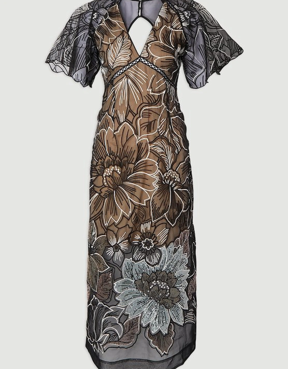 Hand Embroidered And Sequin Organdie Deep V Woven Maxi Dress
