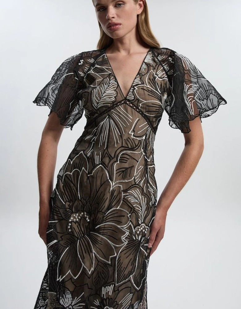 Hand Embroidered And Sequin Organdie Deep V Woven Maxi Dress