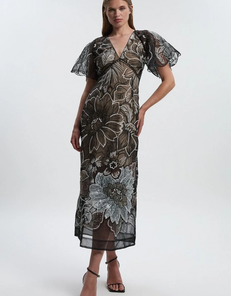 Hand Embroidered And Sequin Organdie Deep V Woven Maxi Dress