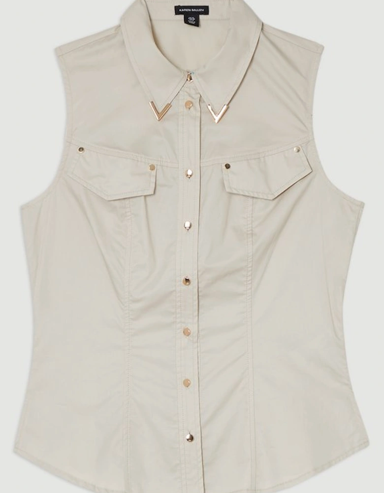 Cotton Sateen Utility Detail Woven Blouse With Gold Hardware