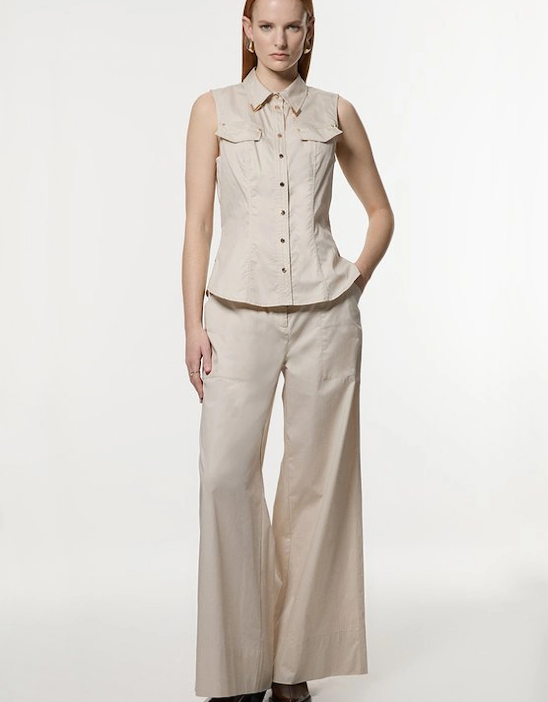 Cotton Sateen Utility Detail Woven Blouse With Gold Hardware