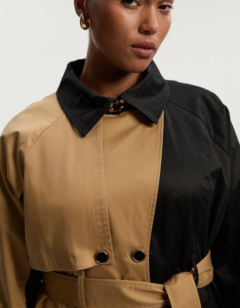 Plus Size Colour Block Belted Tailored Trench Coat