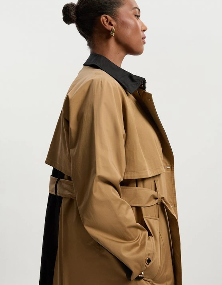 Plus Size Colour Block Belted Tailored Trench Coat