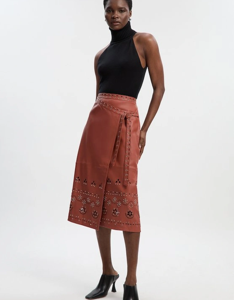 Leather Cut Work & Studded Wrap Pencil Skirt