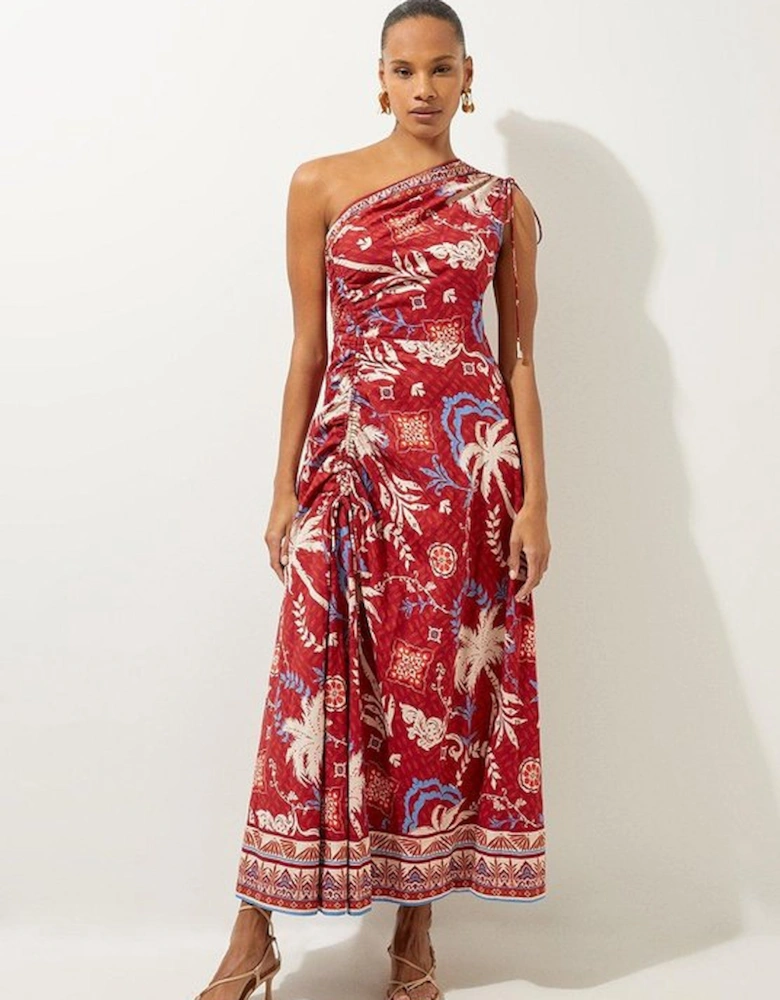 Printed Cotton Voile One Shoulder Midi Beach Dress