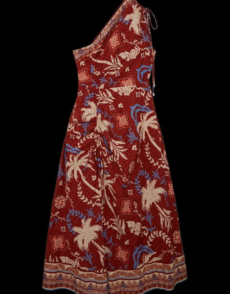Printed Cotton Voile One Shoulder Midi Beach Dress