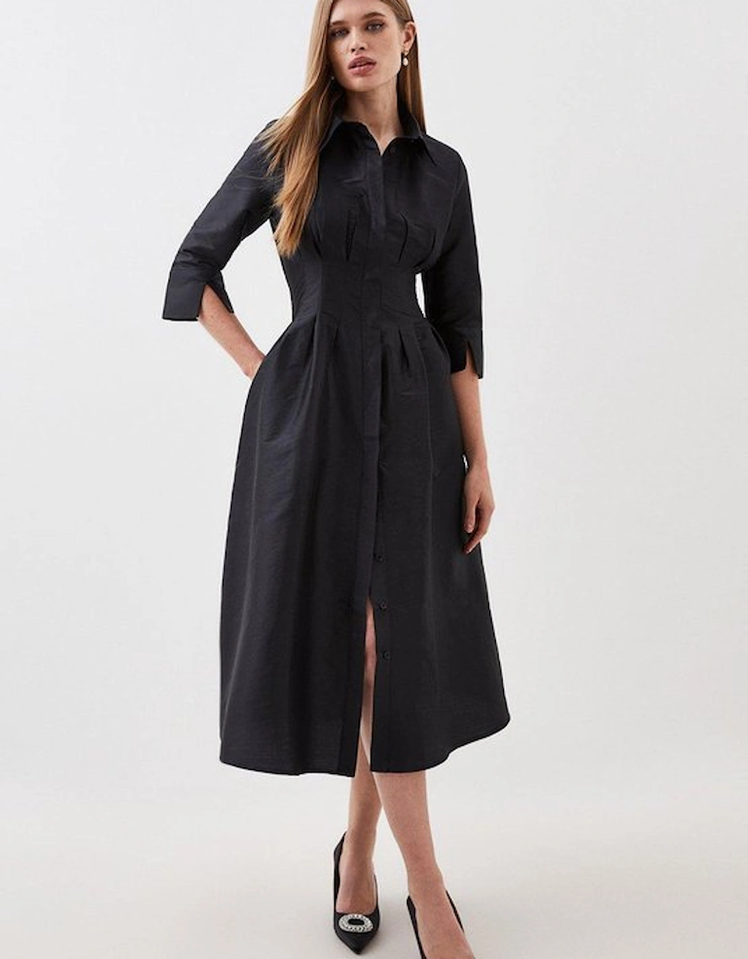 Tailored Taffeta Darted Waist Midi Dress