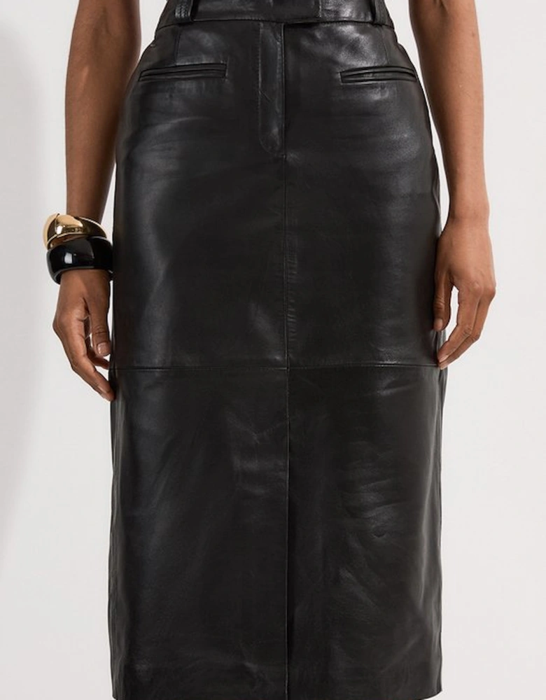 Leather Tailored Pencil Midi Skirt