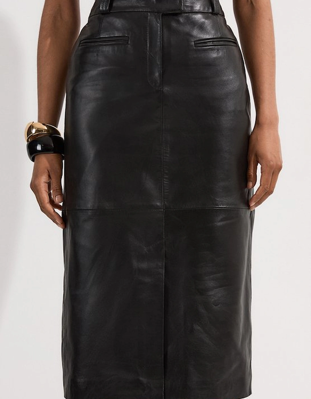 Leather Tailored Pencil Midi Skirt