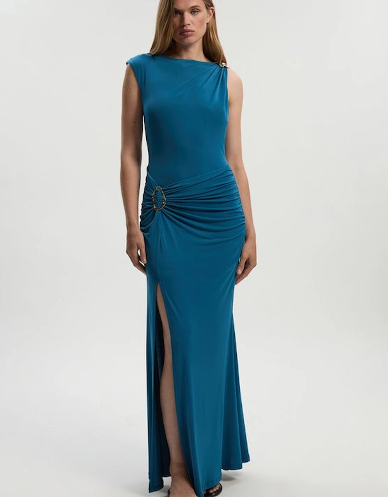Drapey Crepe Trim Detail Ruched Maxi Dress