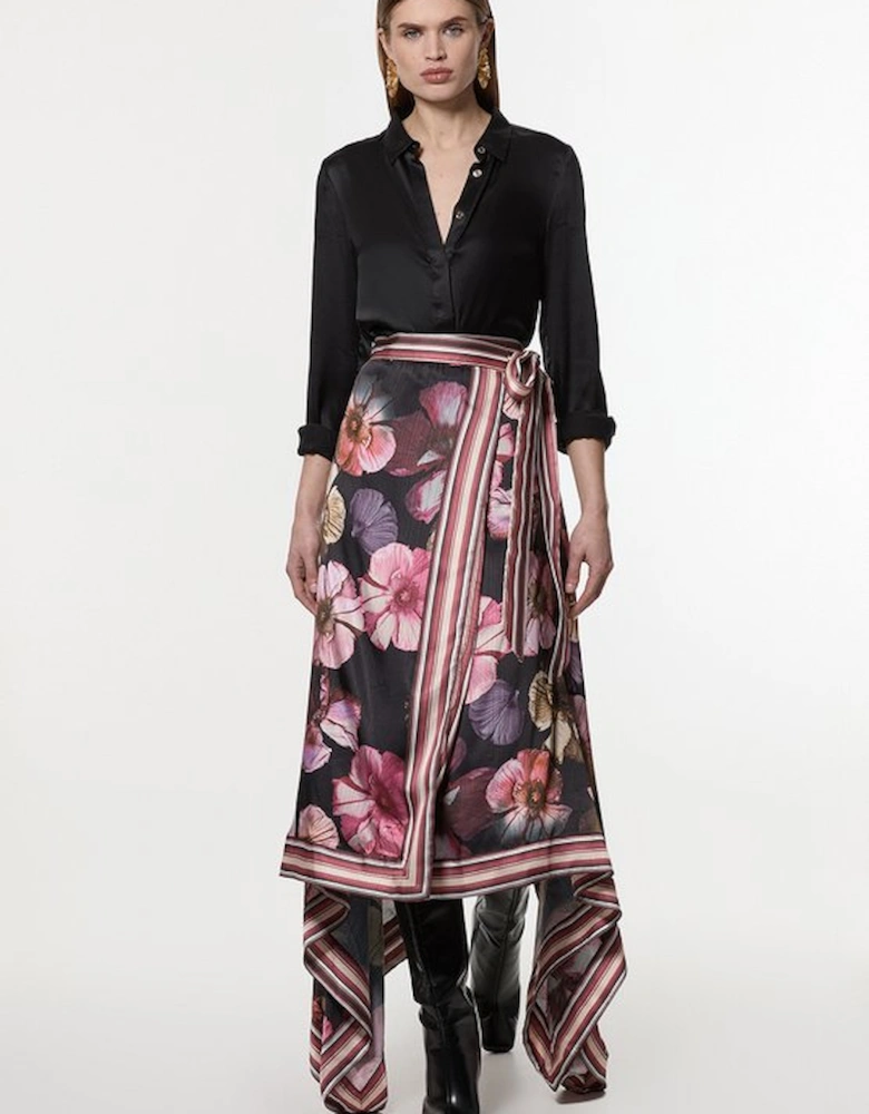 Petite Floral Border Print Woven Wrap Midi Skirt
