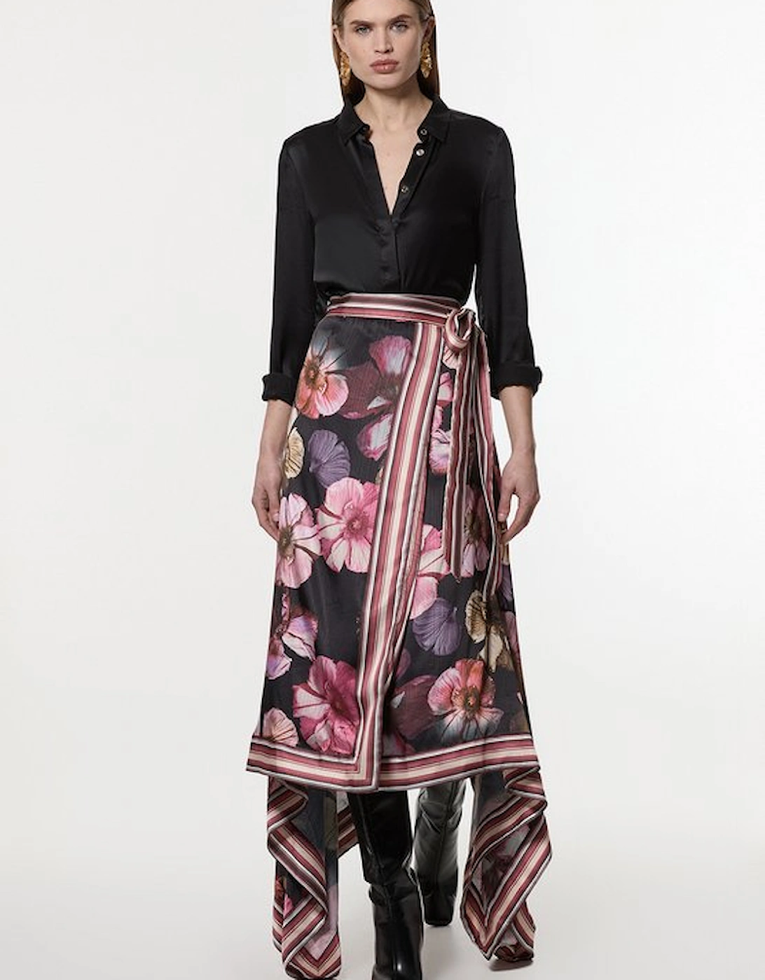 Petite Floral Border Print Woven Wrap Midi Skirt, 4 of 3