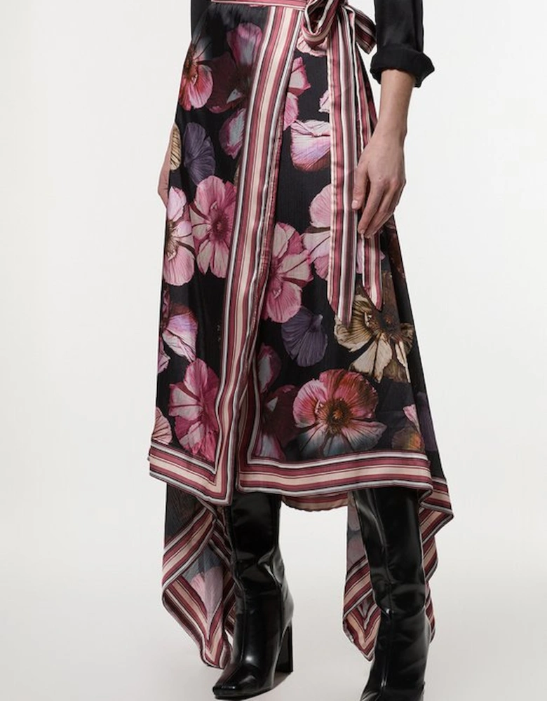 Petite Floral Border Print Woven Wrap Midi Skirt