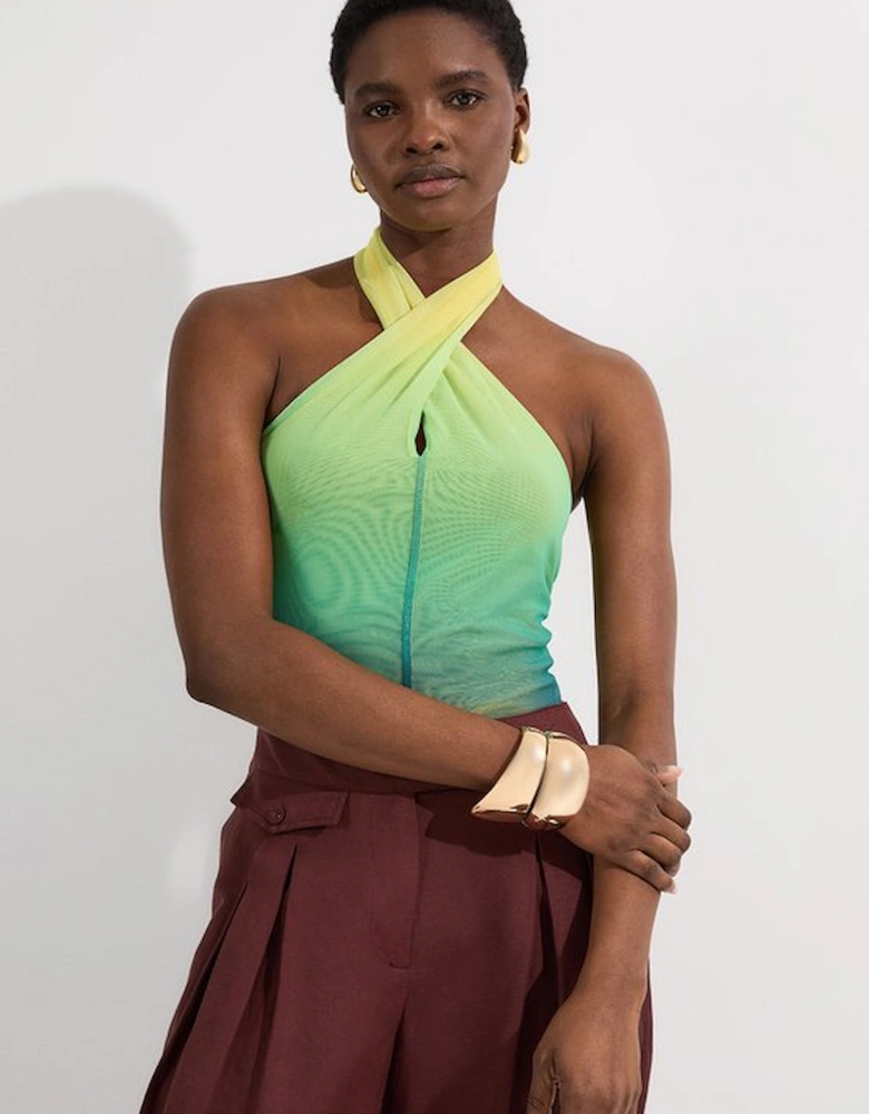 Sunset Ombre Mesh Cross Halter Jersey Bodysuit