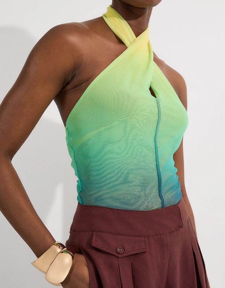 Sunset Ombre Mesh Cross Halter Jersey Bodysuit