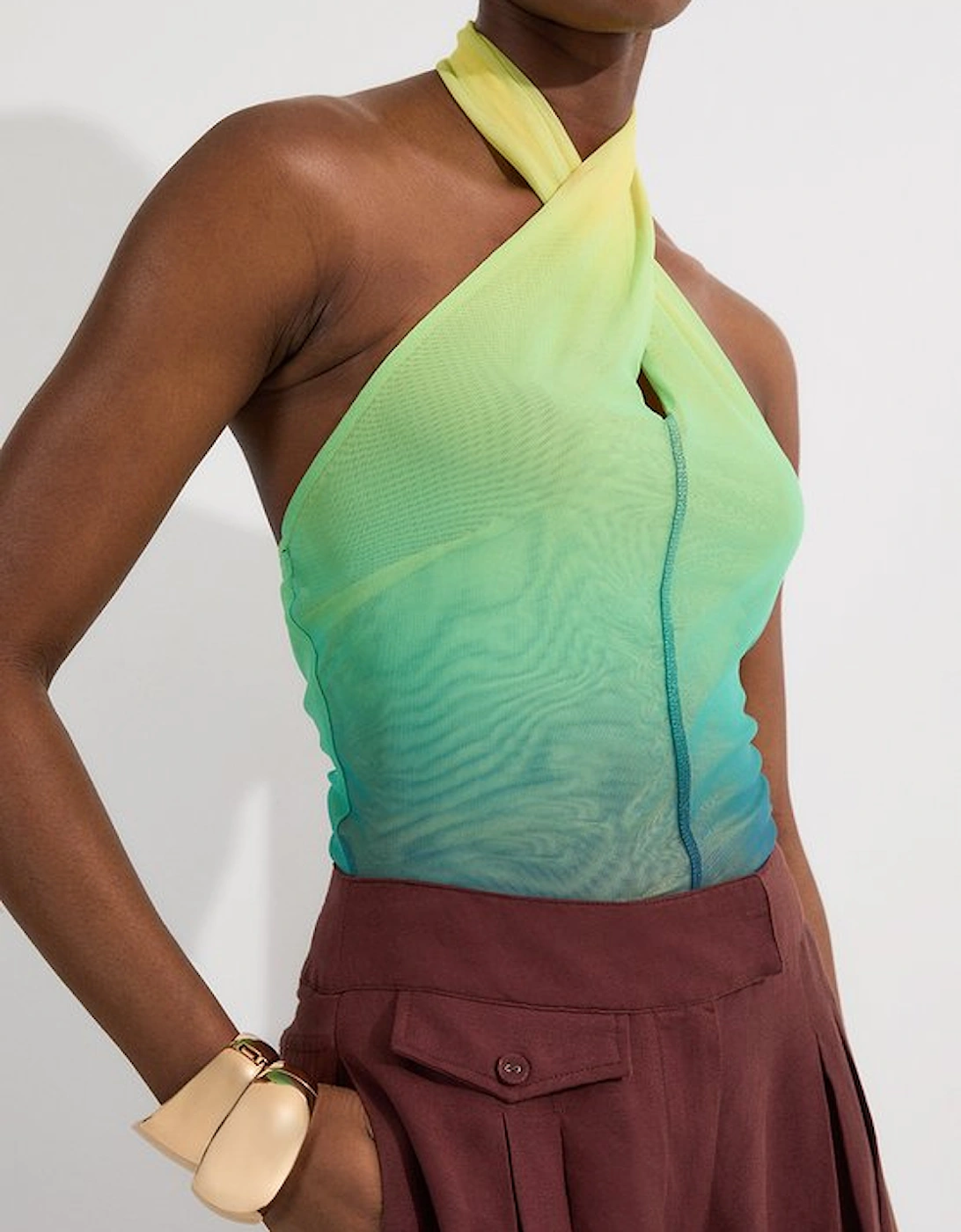 Sunset Ombre Mesh Cross Halter Jersey Bodysuit