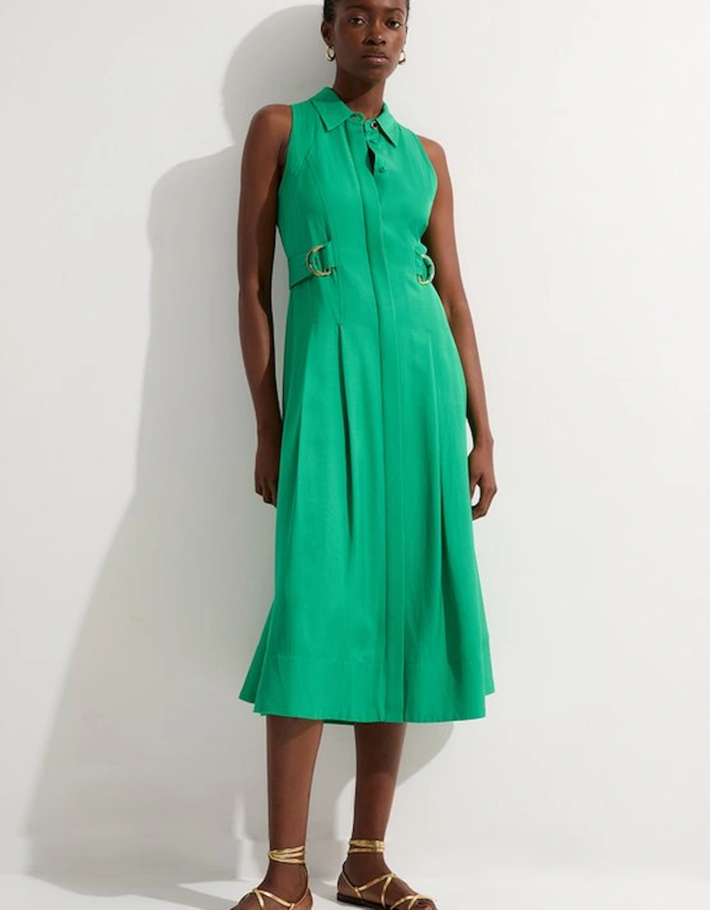 Petite Premium Viscose Linen Topstitch Halter Neck Woven Midi Dress With D Ring Detail