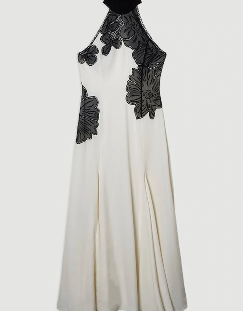 Embroidered Applique Crepe Halter Woven Maxi Dress