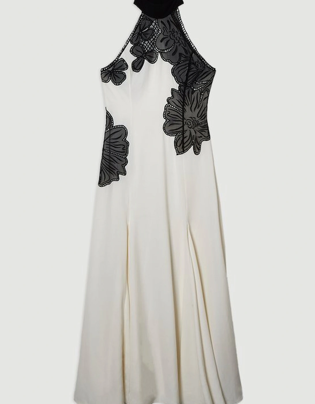 Embroidered Applique Crepe Halter Woven Maxi Dress