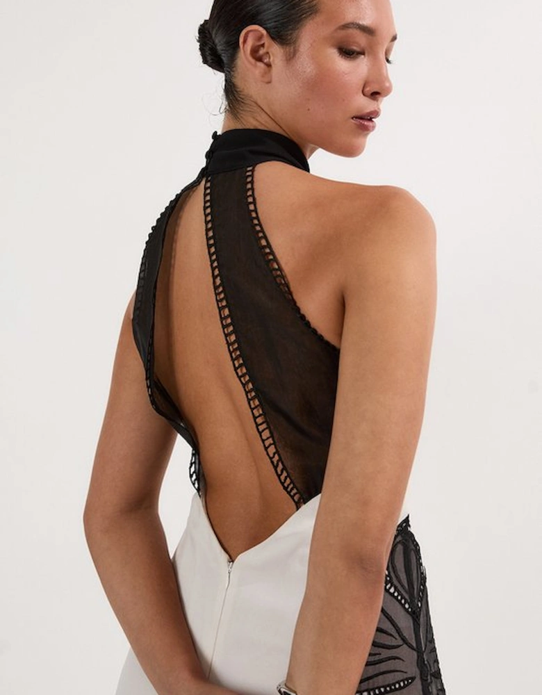 Embroidered Applique Crepe Halter Woven Maxi Dress