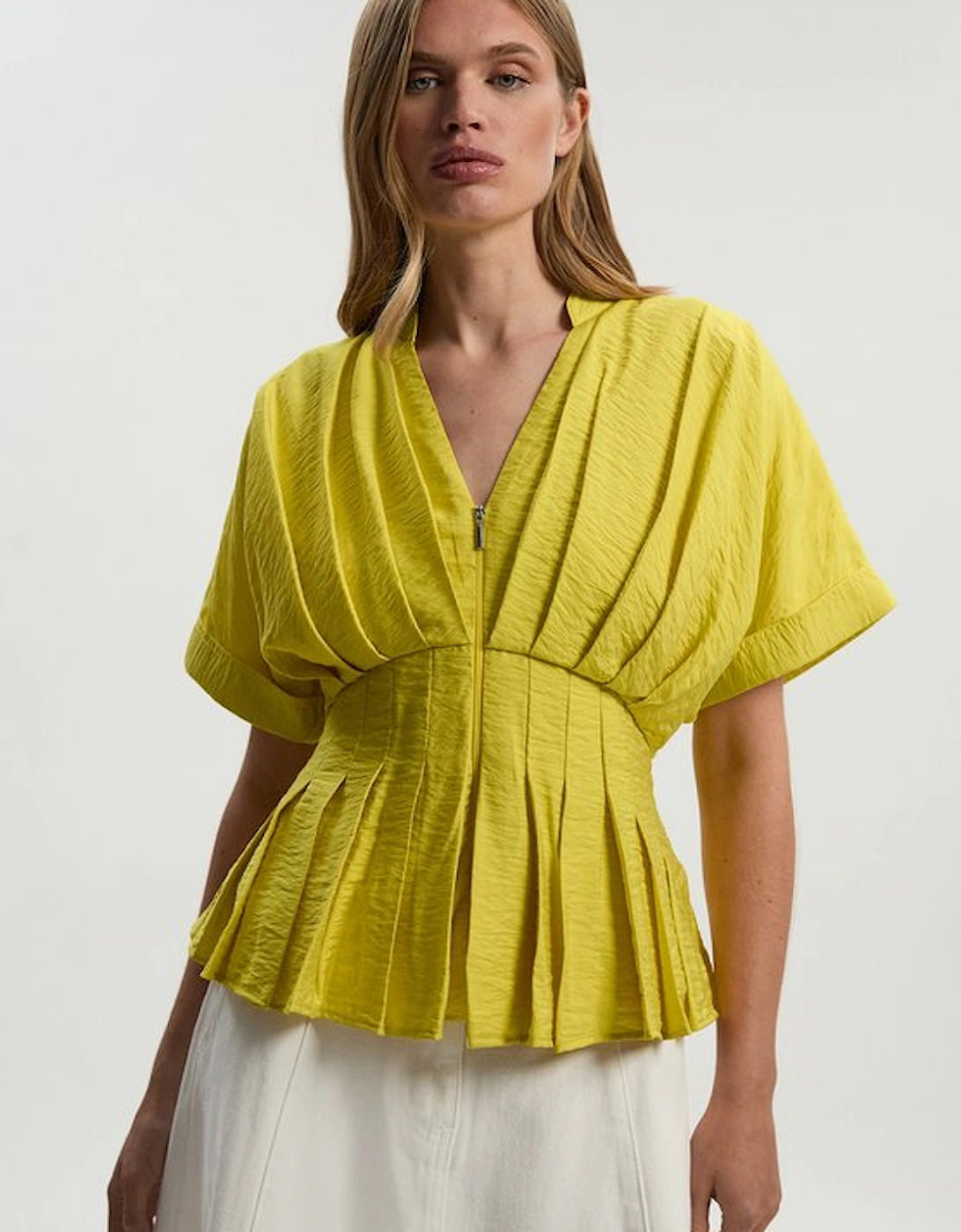 Pleated Neck Tie Detail Woven Short Sleeve Shirt, 5 of 4