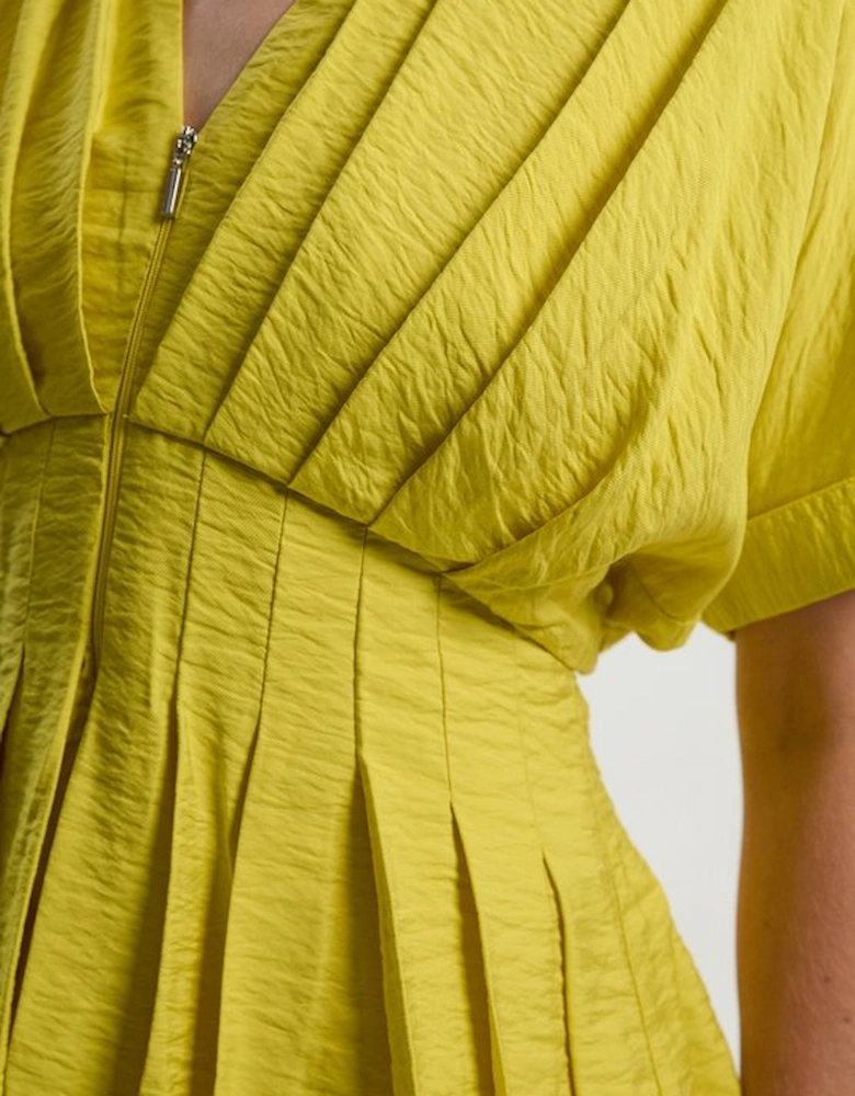 Pleated Neck Tie Detail Woven Short Sleeve Shirt
