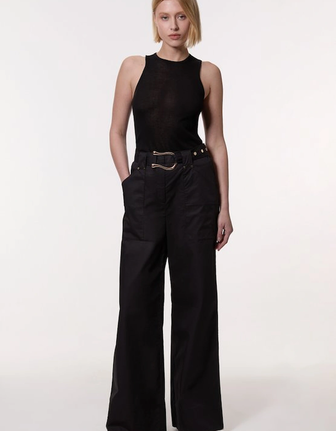 Cotton Sateen Utility Detail Belted Trouser With Gold Hardware Detail, 5 of 4