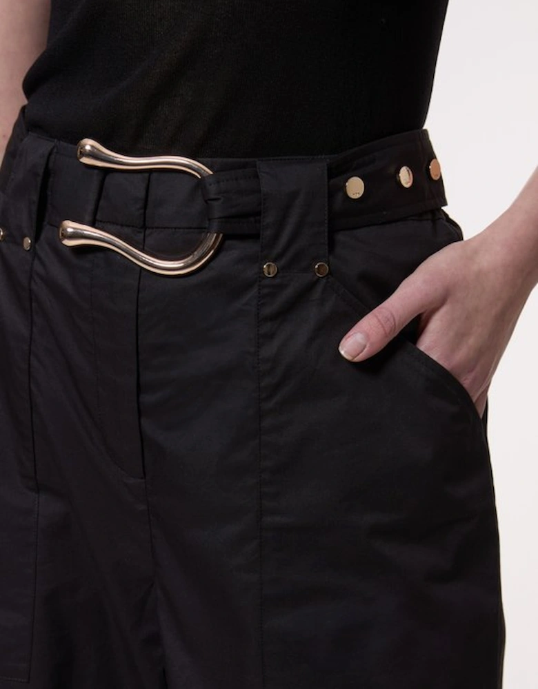 Cotton Sateen Utility Detail Belted Trouser With Gold Hardware Detail