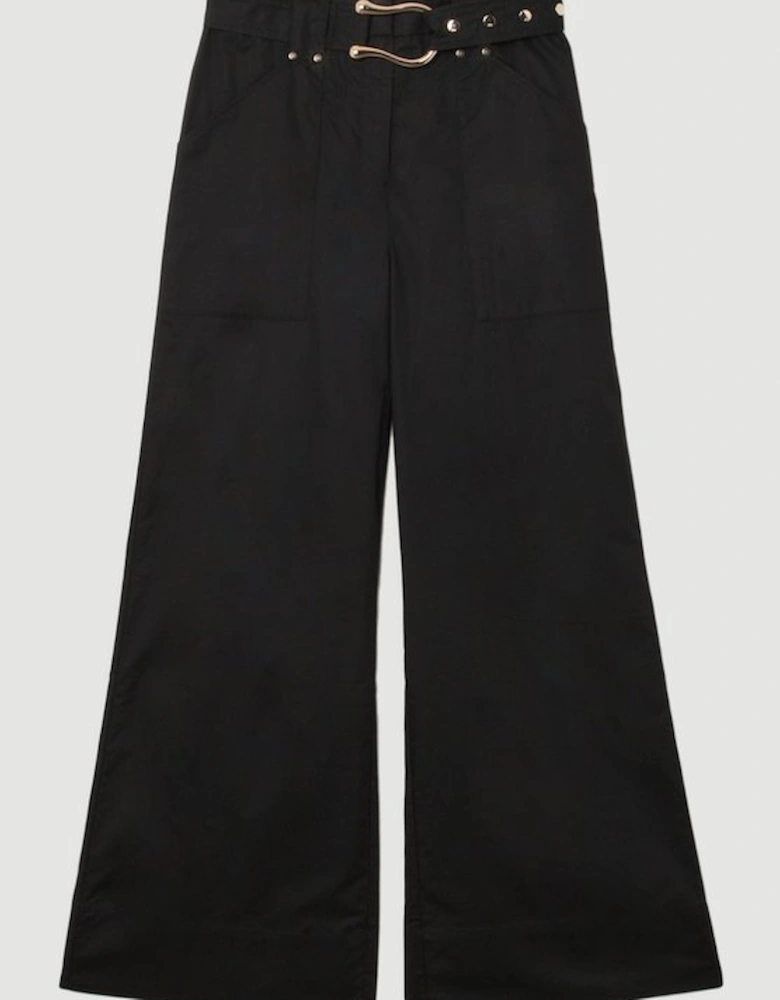 Cotton Sateen Utility Detail Belted Trouser With Gold Hardware Detail