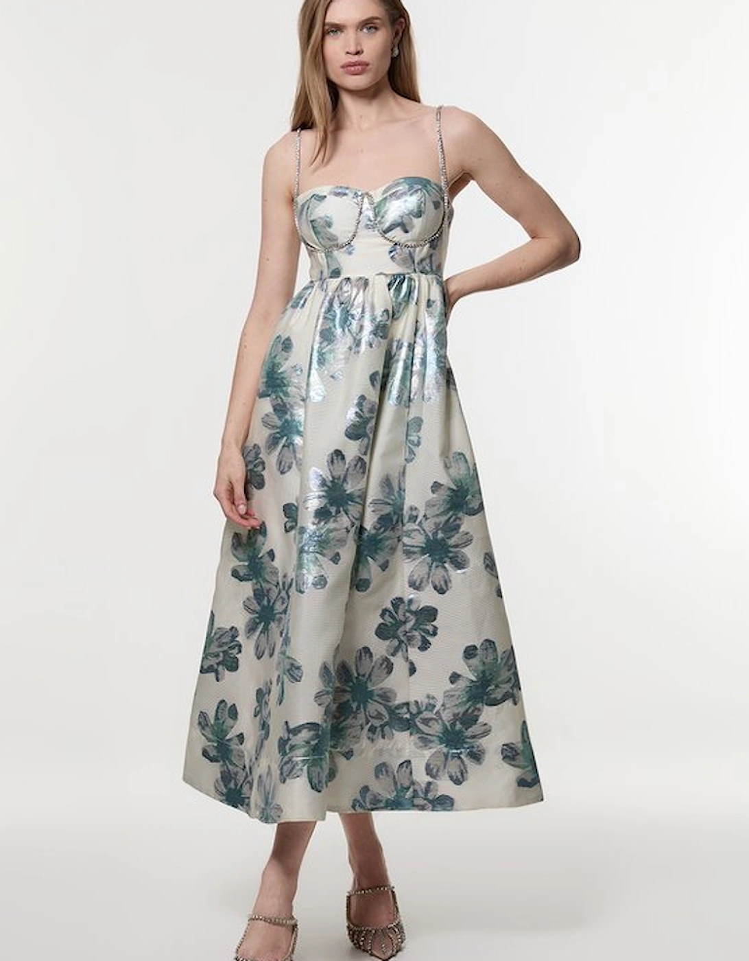 Diamante Trim Bodice Detail Metallic Jacquard Midi Dress, 5 of 4