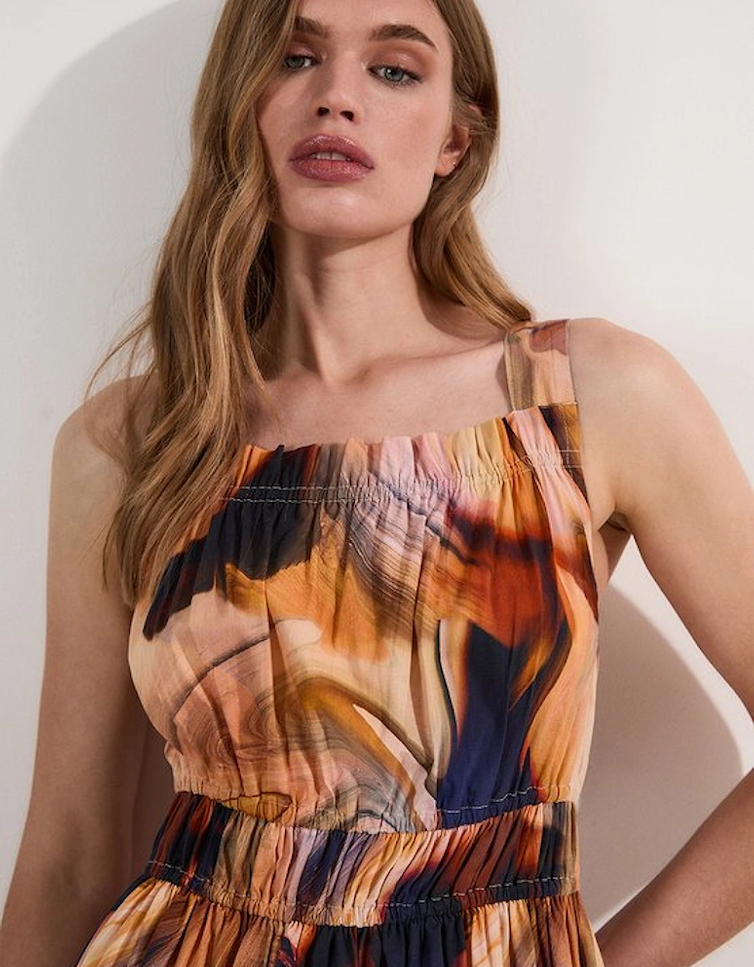 Petite Shirred Cotton Tiered Printed Woven Maxi Dress