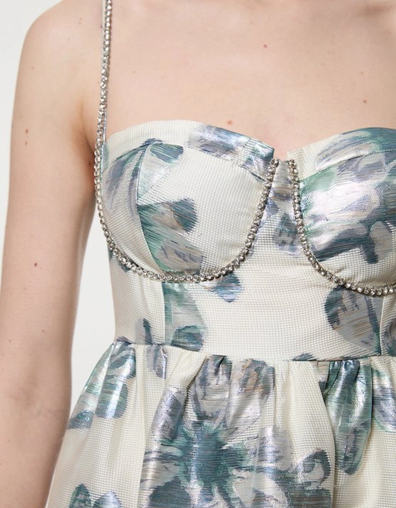 Diamante Trim Bodice Detail Metallic Jacquard Midi Dress